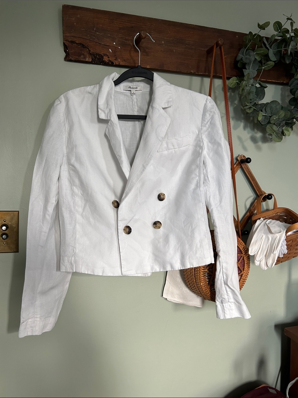 Madewell White Double-Breasted Linen-Blend Cropped Blazer